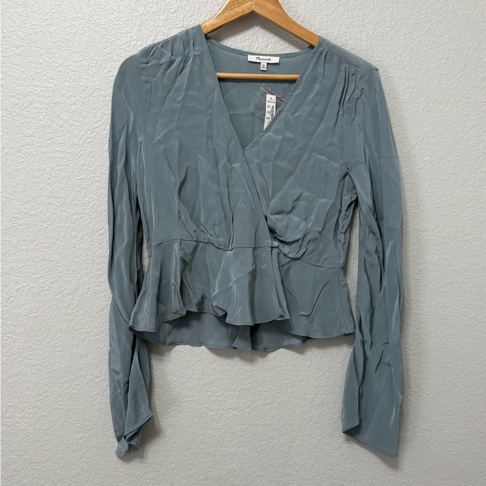 Madewell Steel Blue Wrap Peplum Long-Sleeve Blouse